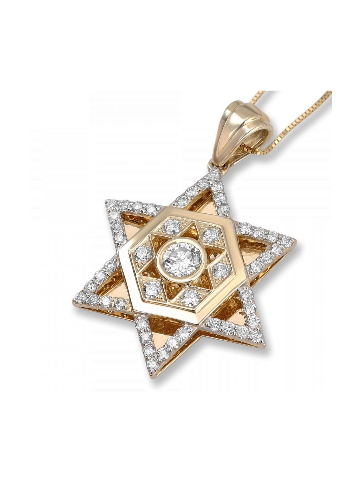 14K Gold and Diamond Star of David Pendant with Central Hexagon and Sm