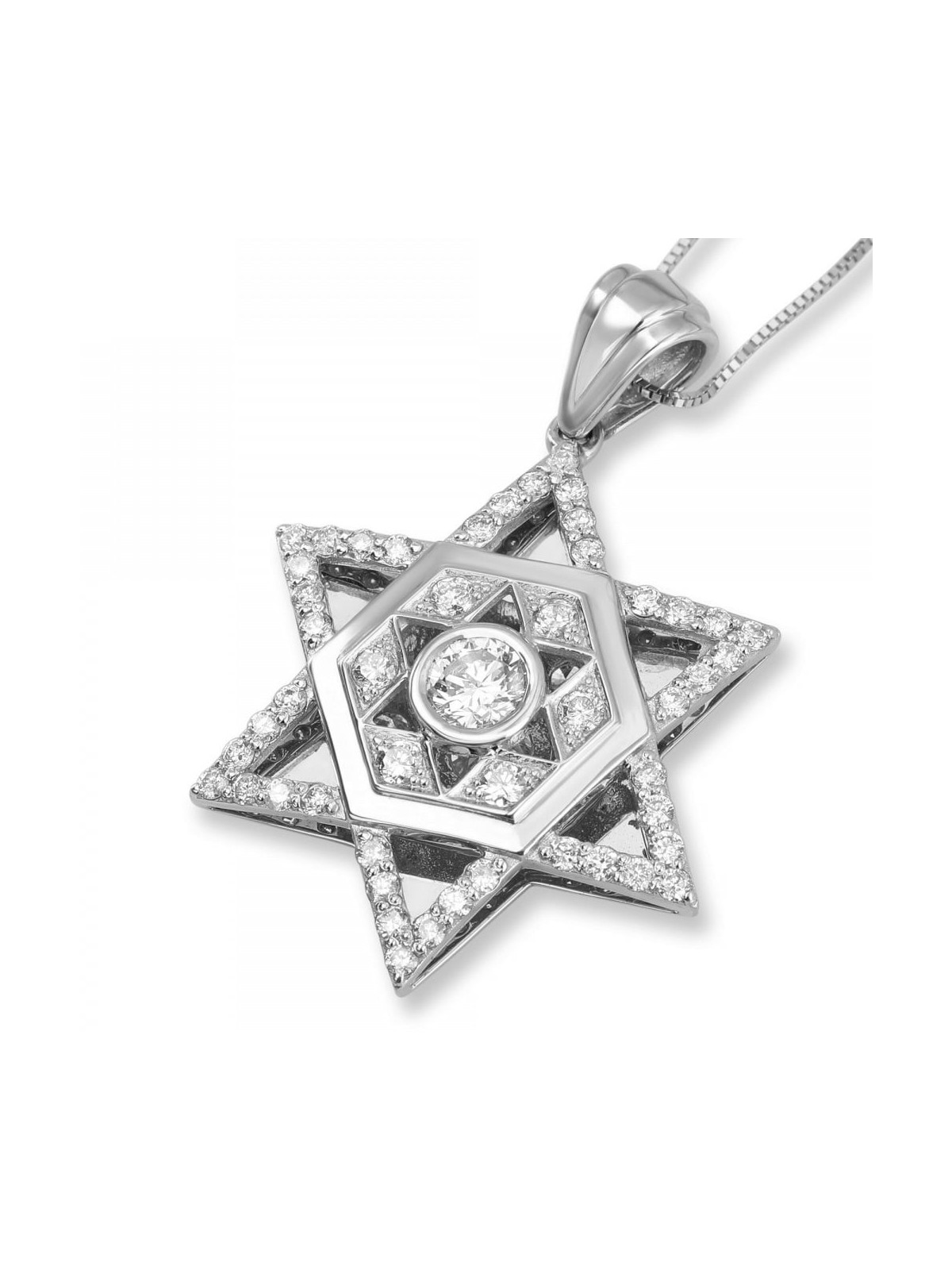 14K Gold and Diamond Star of David Pendant with Central Hexagon and Sm