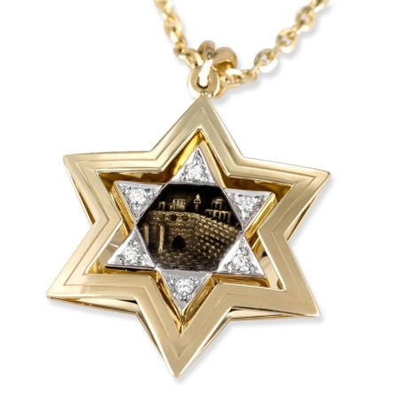 Pendentif étoile de David en or 14 carats avec diamants et motif du Mur des Lamentations