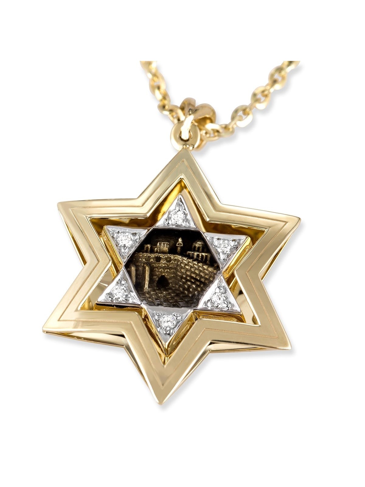 Pendentif étoile de David en or 14 carats avec diamants et motif du Mur des Lamentations