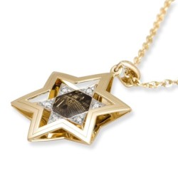 14K Gold Star of David Pendant with Diamonds and Western Wall Motif