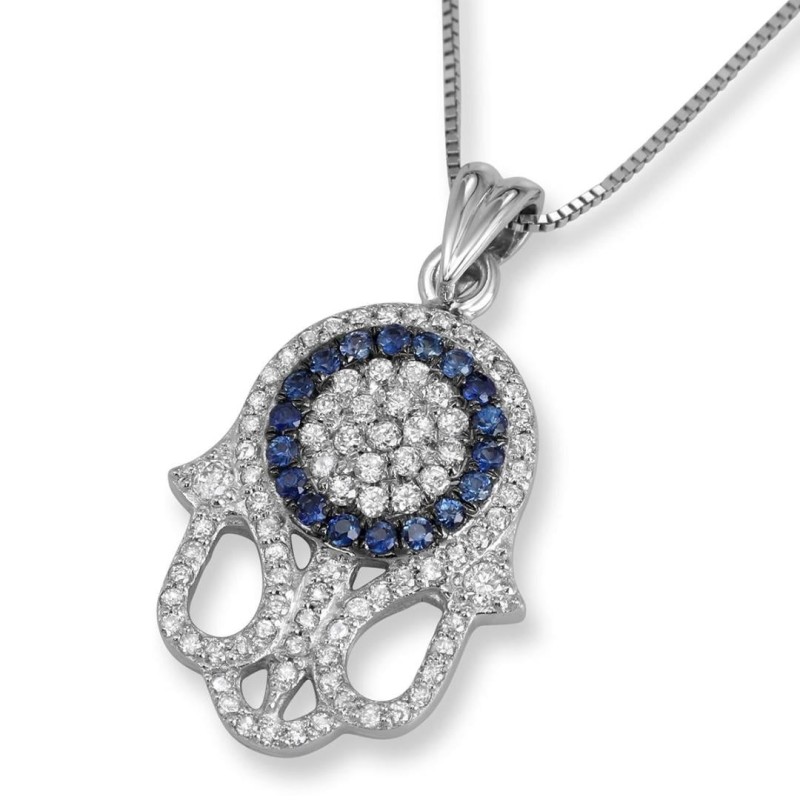 14K White Gold Intricate Diamond Hamsa Pendant with Halo of Sapphire S