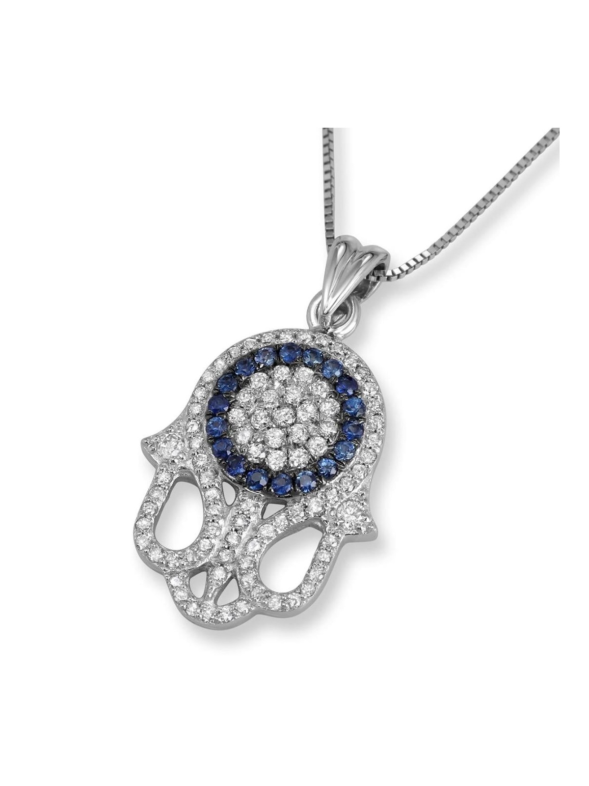 Pendentif Hamsa en or blanc 14 carats avec diamants complexes et halo de saphir S