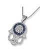 Pendentif Hamsa en or blanc 14 carats avec diamants complexes et halo de saphir S