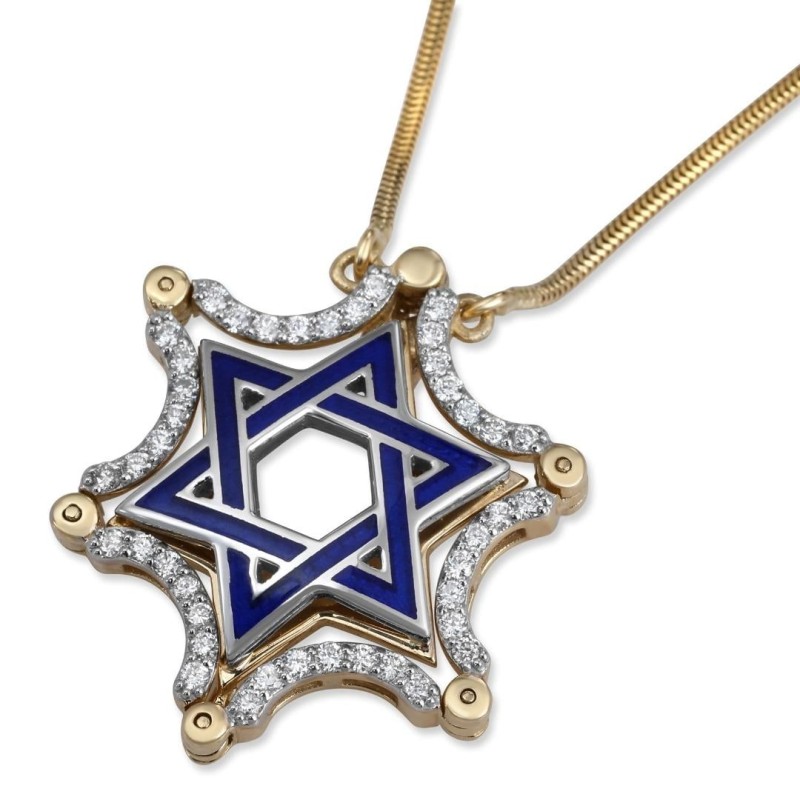 14K Yellow & White Gold Extendable Magnetic Star of David Diamond Neck