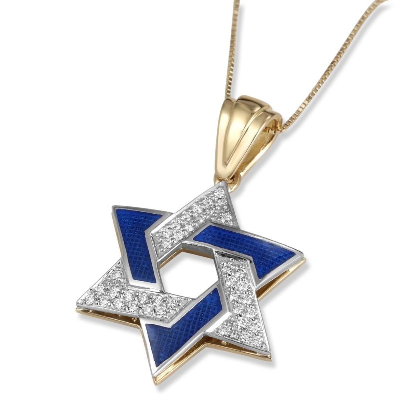 Pendentif grande étoile de David en or jaune et blanc 14 carats avec émail bleu a