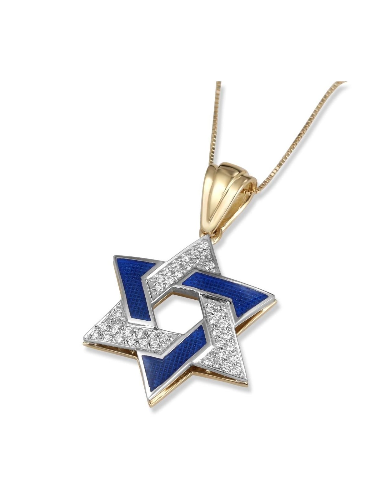 14K Yellow & White Gold Large Star of David Pendant with Blue Enamel a