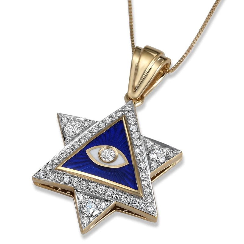 Pendentif étoile de David et diamant mauvais œil en or jaune 14 carats avec diamants bleus et