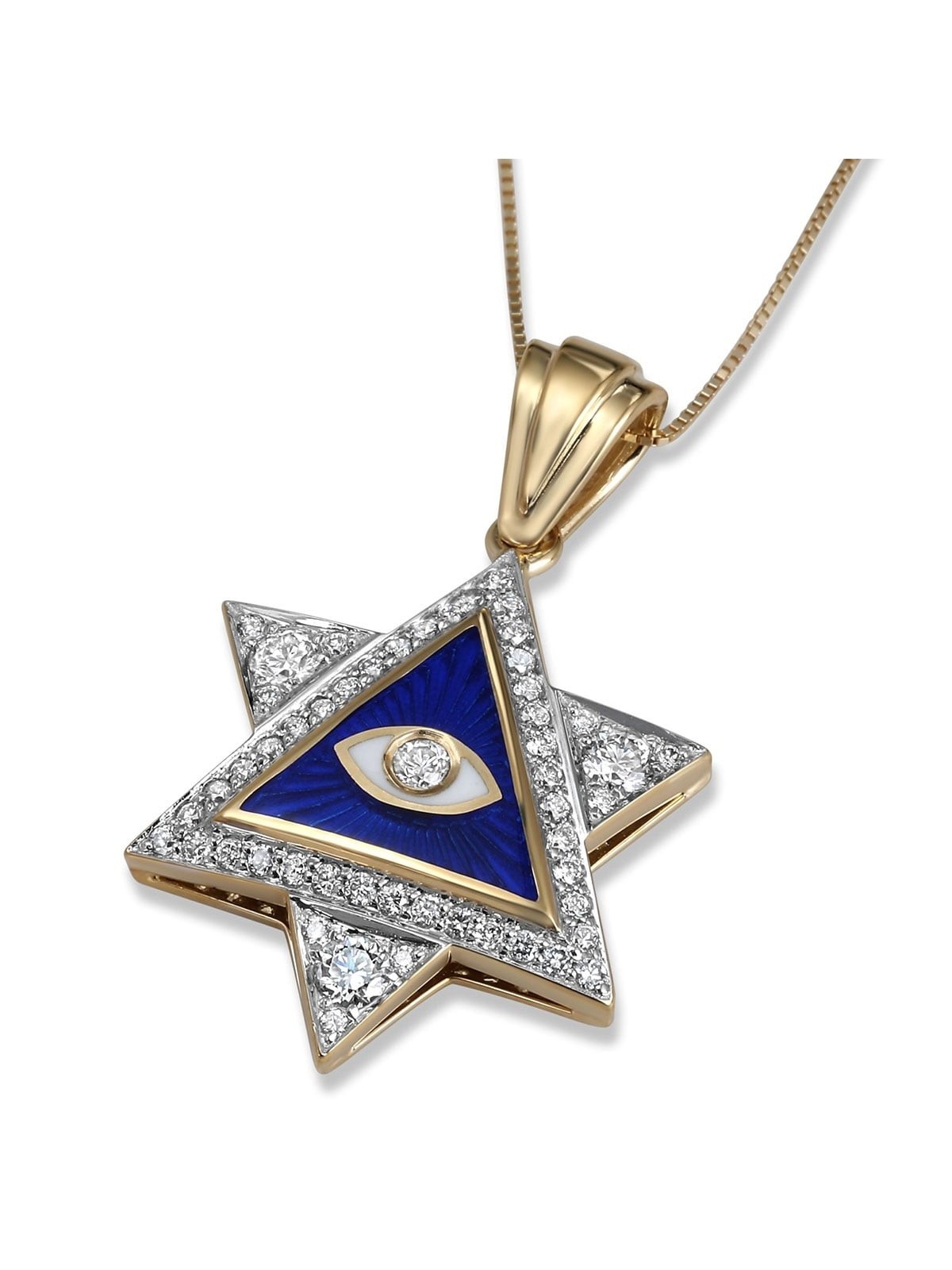 14K Yellow Gold Star of David & Evil Eye Diamond Pendant with Blue and