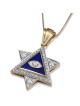 Pendentif étoile de David et diamant mauvais œil en or jaune 14 carats avec diamants bleus et