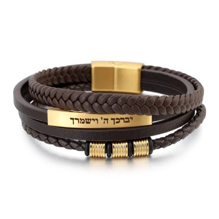 Bracelet en cuir marron avec perles de bénédiction sacerdotale pour hommes avec fermoir magnétique