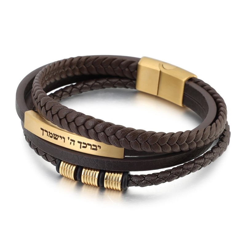 Bracelet en cuir marron avec perles de bénédiction sacerdotale pour hommes avec fermoir magnétique