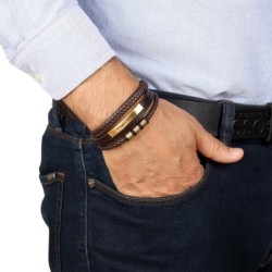 Men's Priestly Blessing Beaded Brown Leather Bracelet with Magnetic Cl