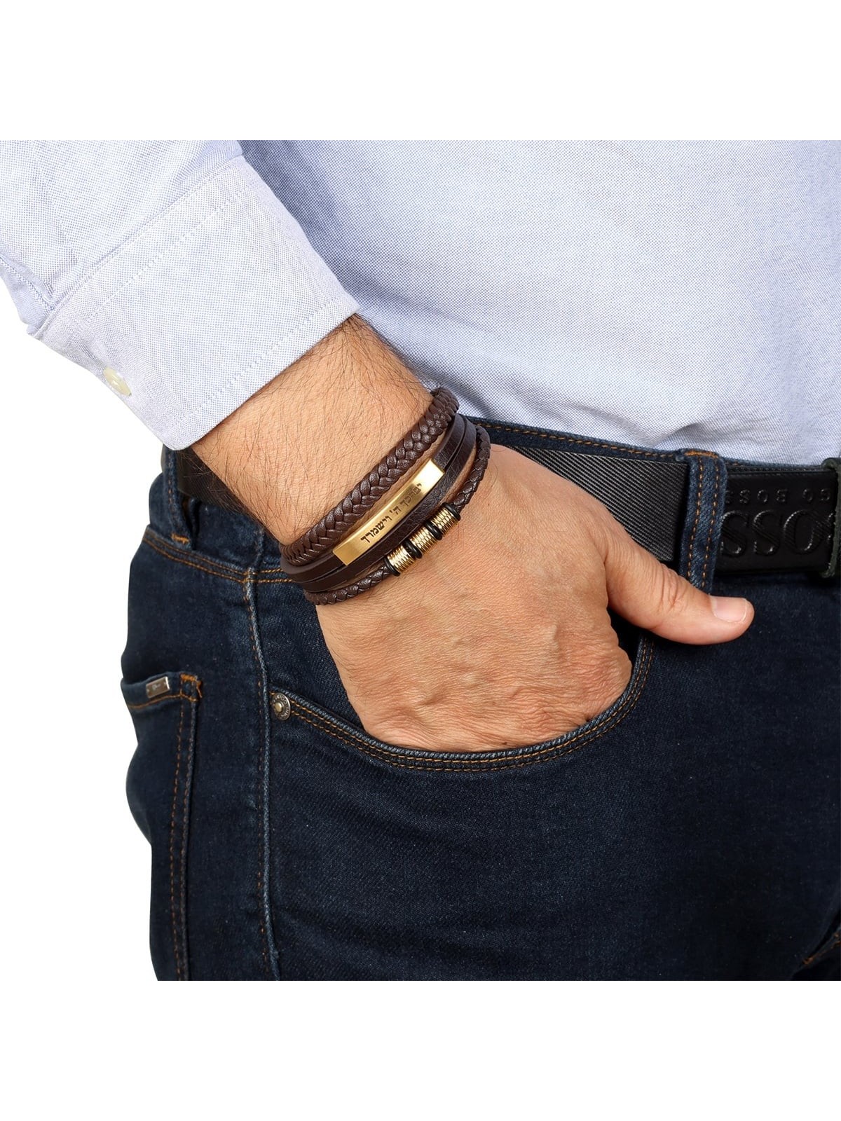 Bracelet en cuir marron avec perles de bénédiction sacerdotale pour hommes avec fermoir magnétique