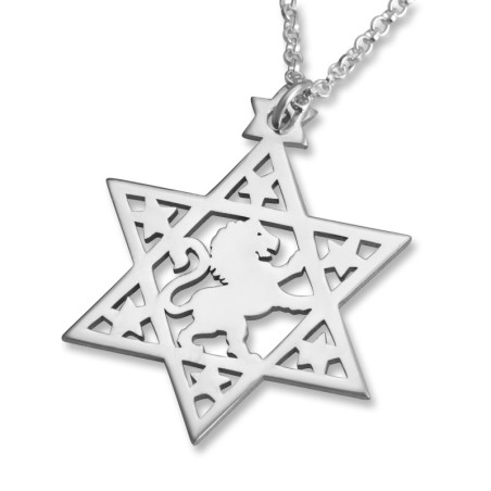 Collier Étoile de David avec Lion de Juda - Plaqué Argent ou Or