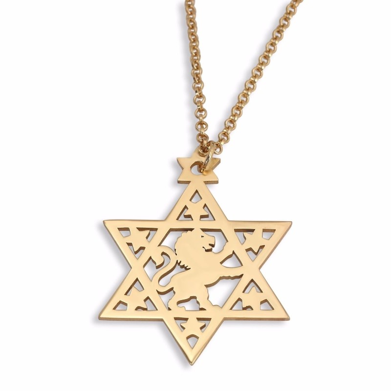 Collier Étoile de David avec Lion de Juda - Plaqué Argent ou Or