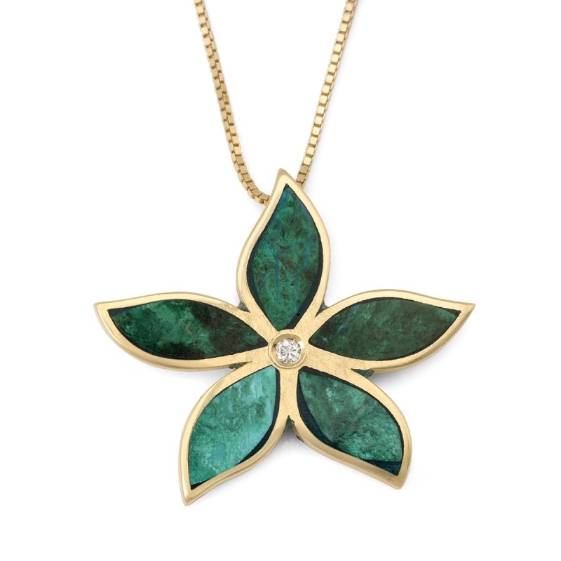 Pendentif fleur en pierre d'Eilat pour femme en or jaune 14 carats avec diamant