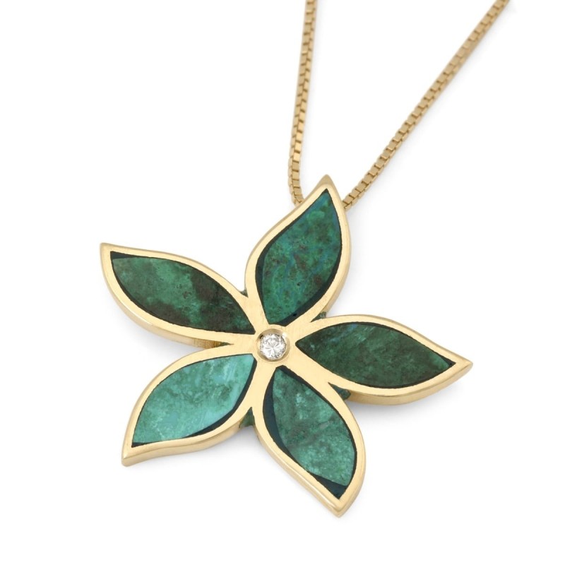 Pendentif fleur en pierre d'Eilat pour femme en or jaune 14 carats avec diamant