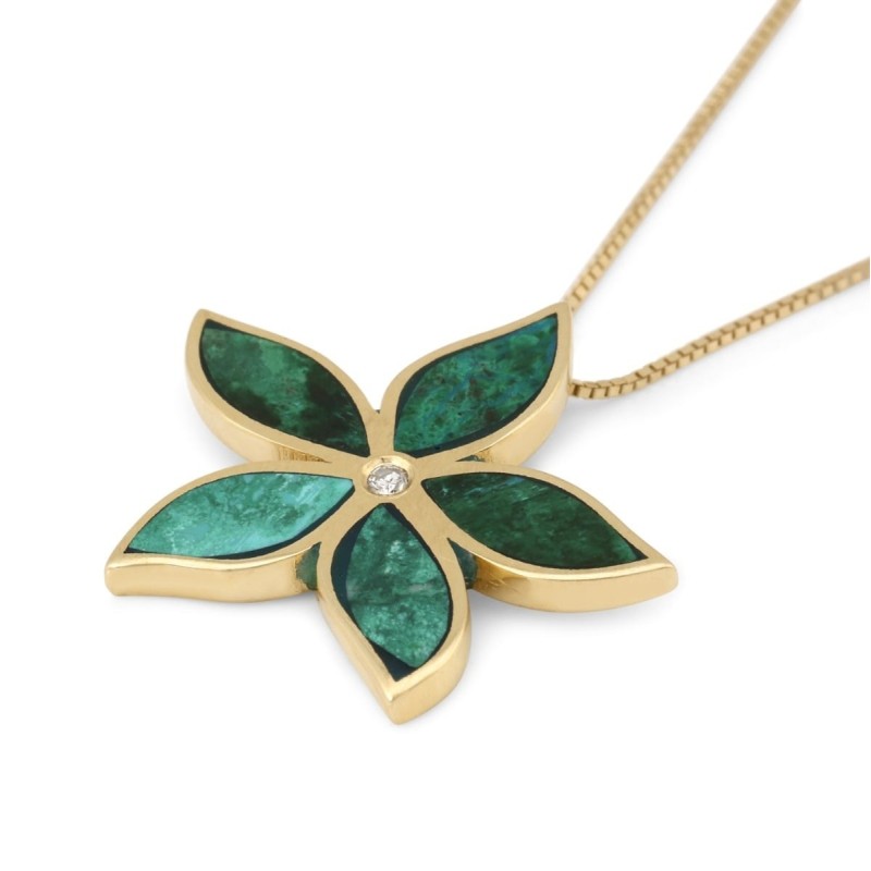 Pendentif fleur en pierre d'Eilat pour femme en or jaune 14 carats avec diamant