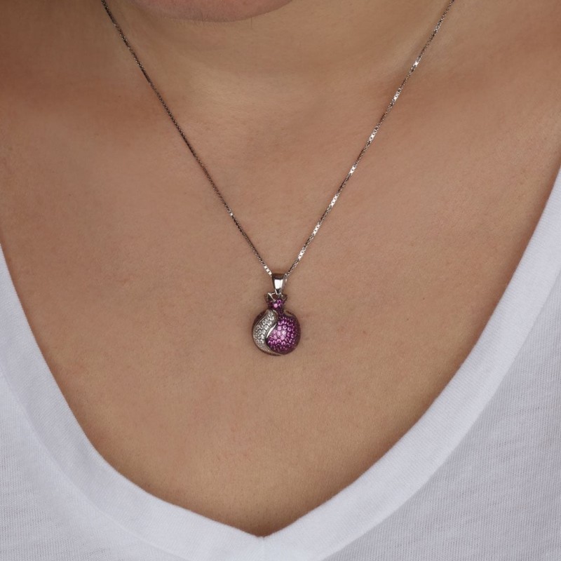 Pendentif grenade en argent sterling 925 avec pierres de zircon rouge et blanc