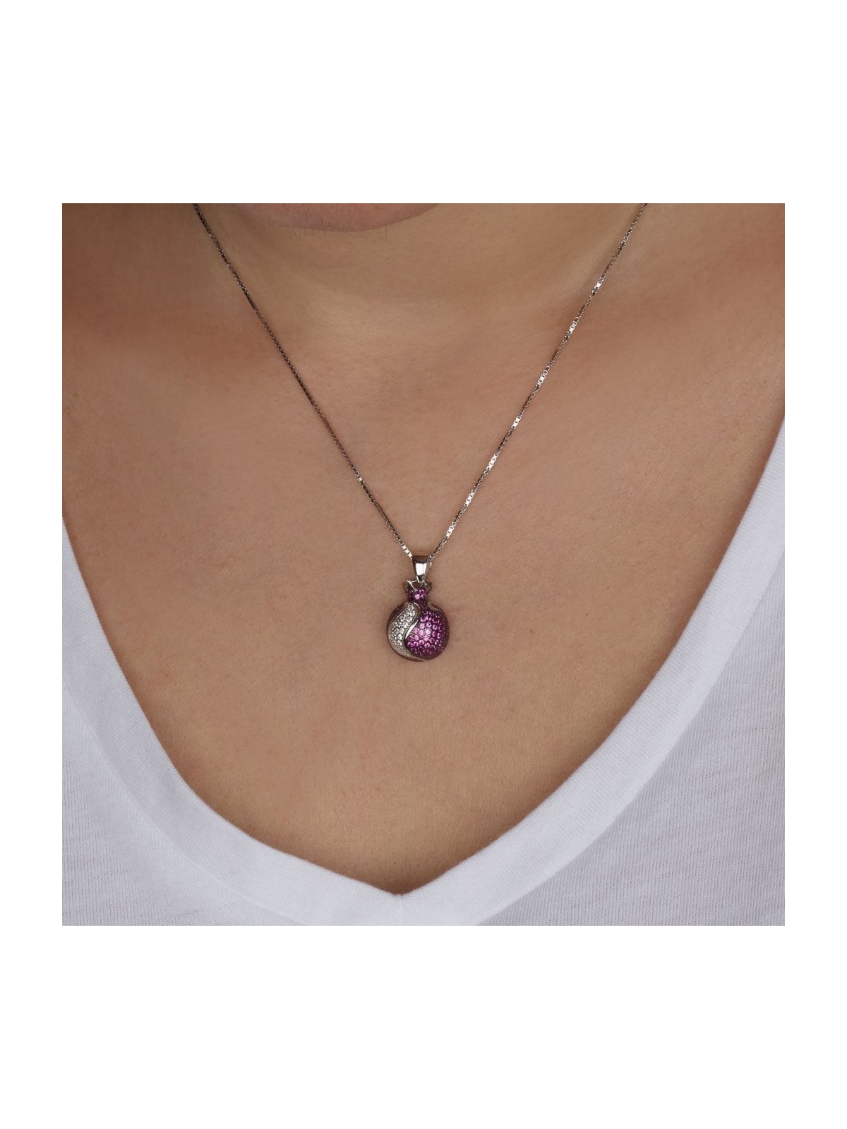 925 Sterling Silver Pomegranate Pendant with Red & White Zircon Stones