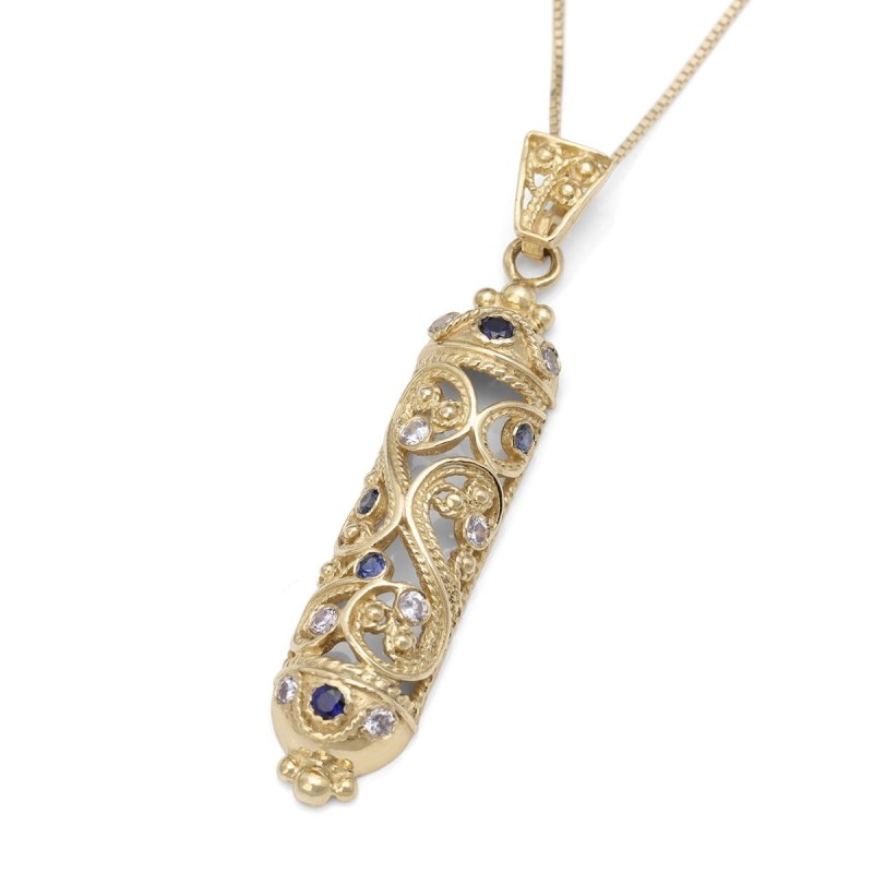 Pendentif Mezuzah en filigrane d'or 14 carats avec pierres de saphir et de lavande
