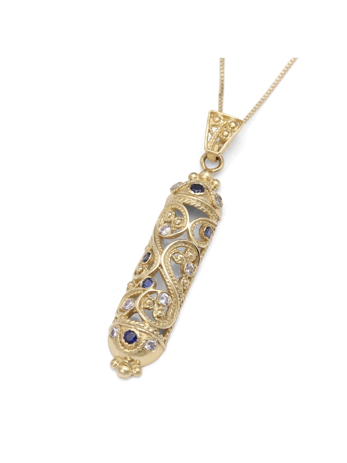 Pendentif Mezuzah en filigrane d'or 14 carats avec pierres de saphir et de lavande