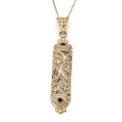 14K Gold Filigree Mezuzah Pendant with Sapphire and Lavender Stones