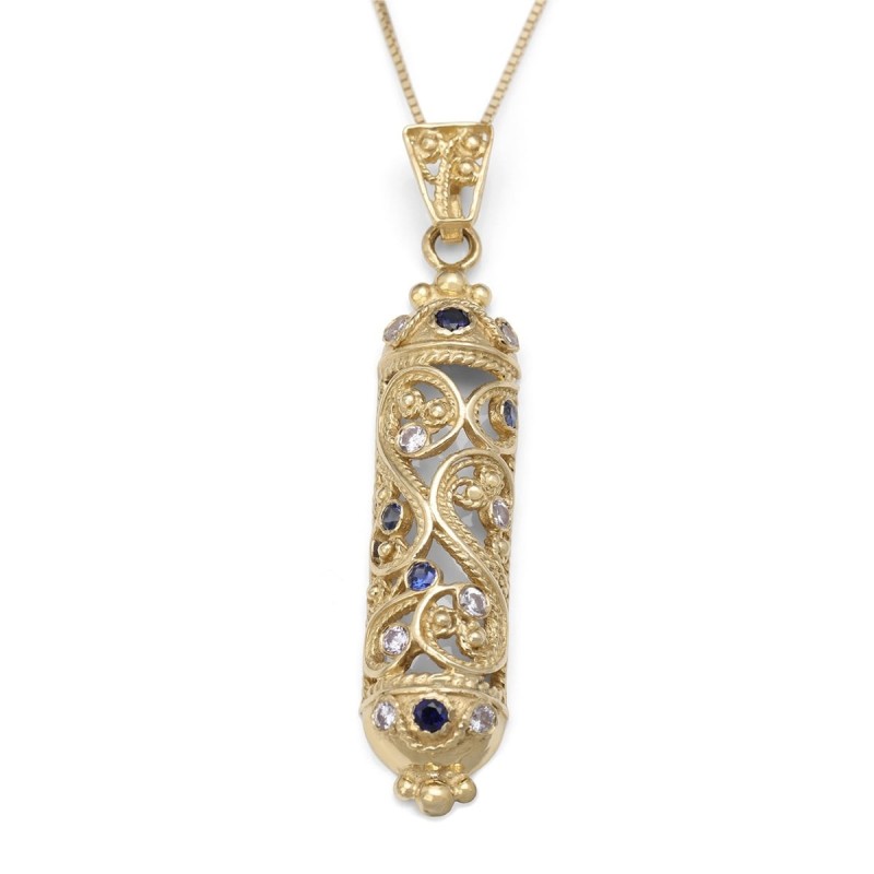 Pendentif Mezuzah en filigrane d'or 14 carats avec pierres de saphir et de lavande