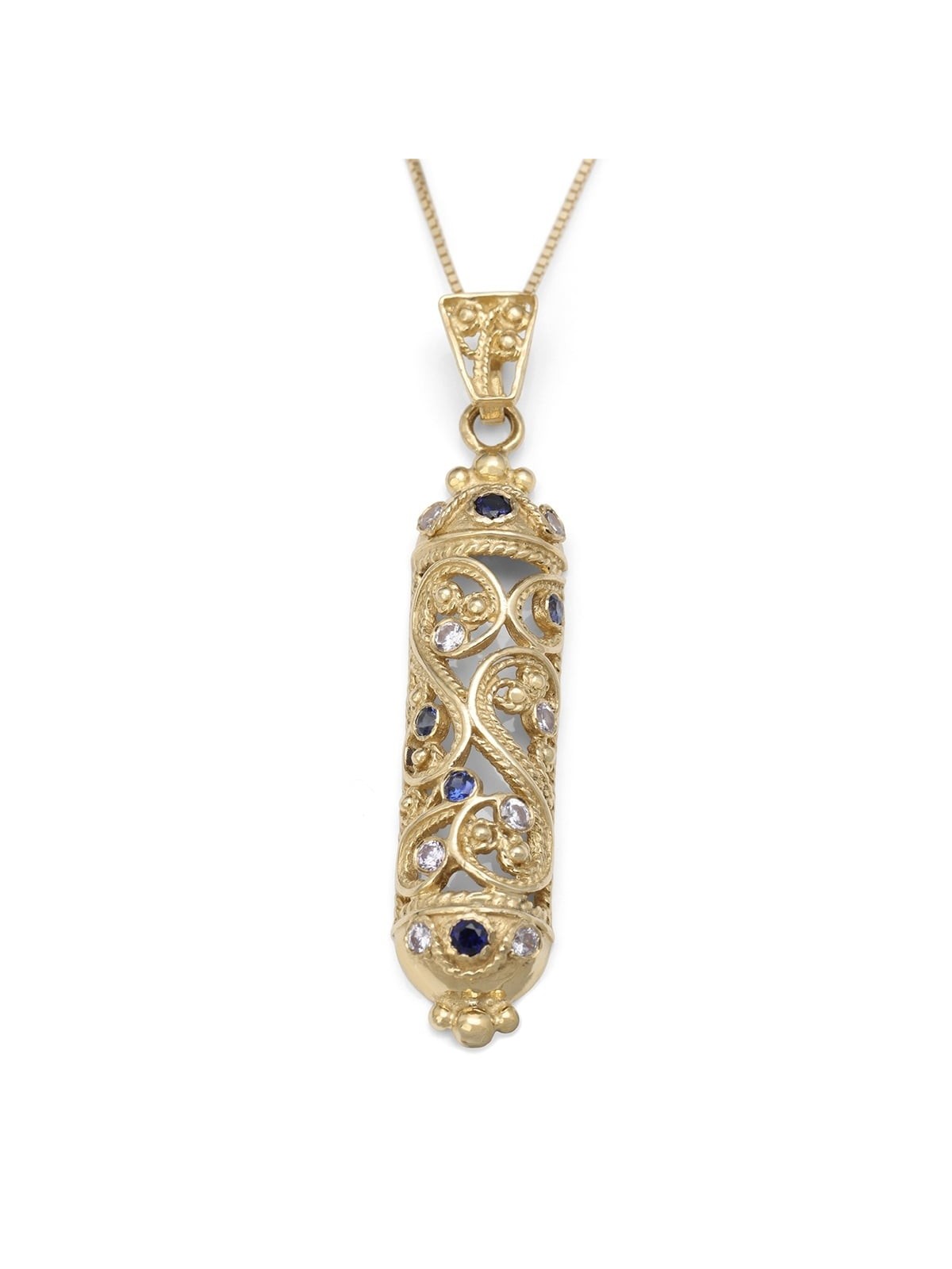 14K Gold Filigree Mezuzah Pendant with Sapphire and Lavender Stones