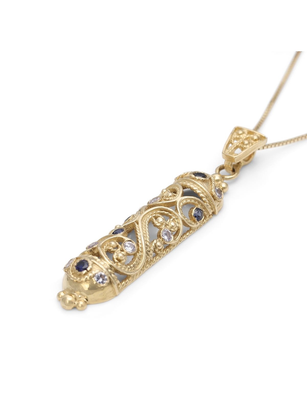 14K Gold Filigree Mezuzah Pendant with Sapphire and Lavender Stones