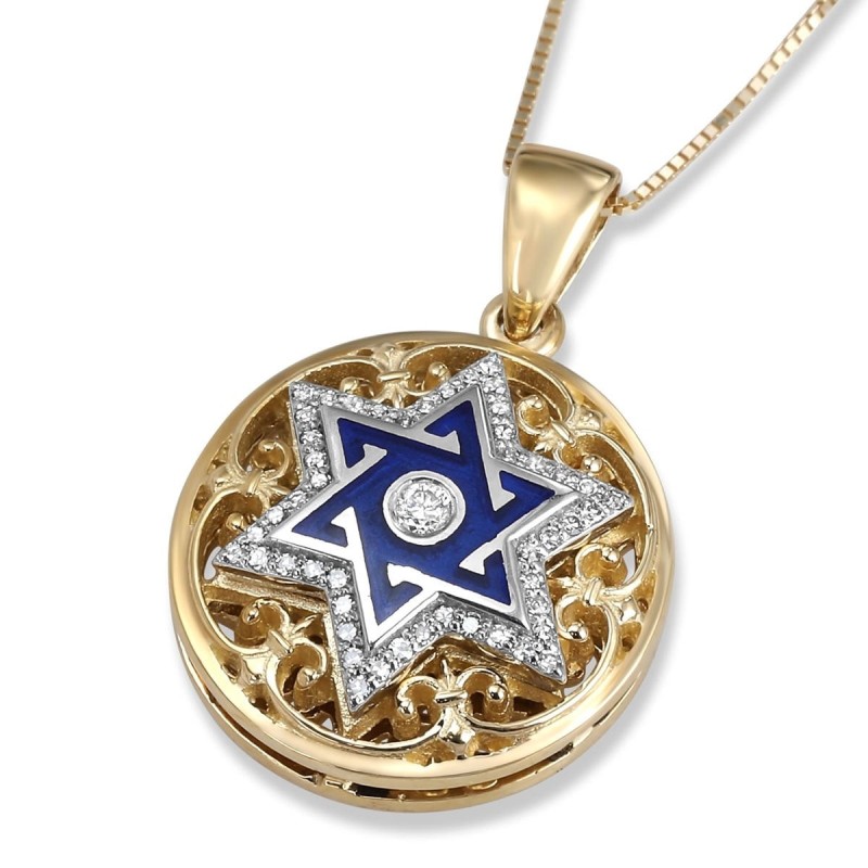 Pendentif étoile de David en or jaune et blanc 14 carats avec diamant et émail bleu
