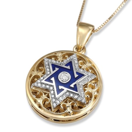 Pendentif étoile de David en or jaune et blanc 14 carats avec diamant et émail bleu