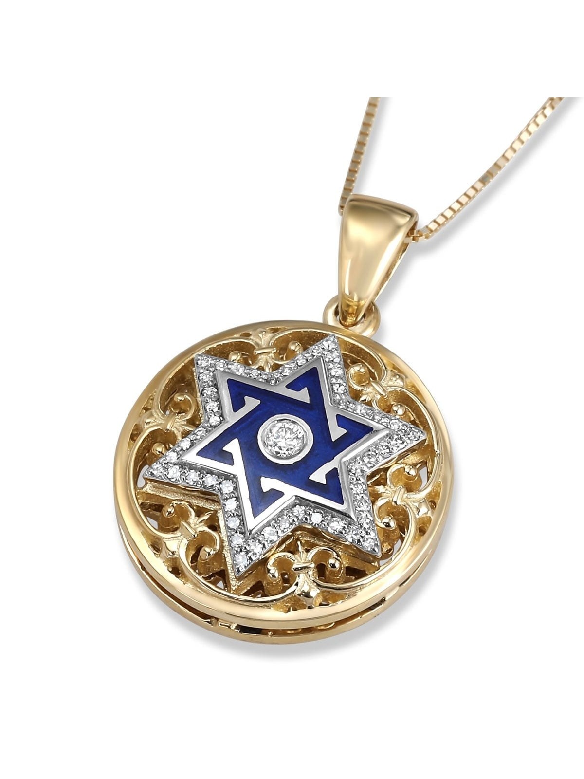 Pendentif étoile de David en or jaune et blanc 14 carats avec diamant et émail bleu