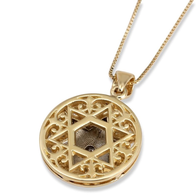 Pendentif étoile de David en or jaune et blanc 14 carats avec diamant et émail bleu
