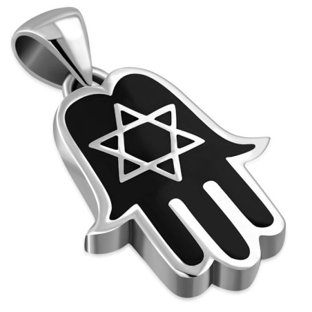 Silver Hamsa Necklace with Star of David and Black Onyx