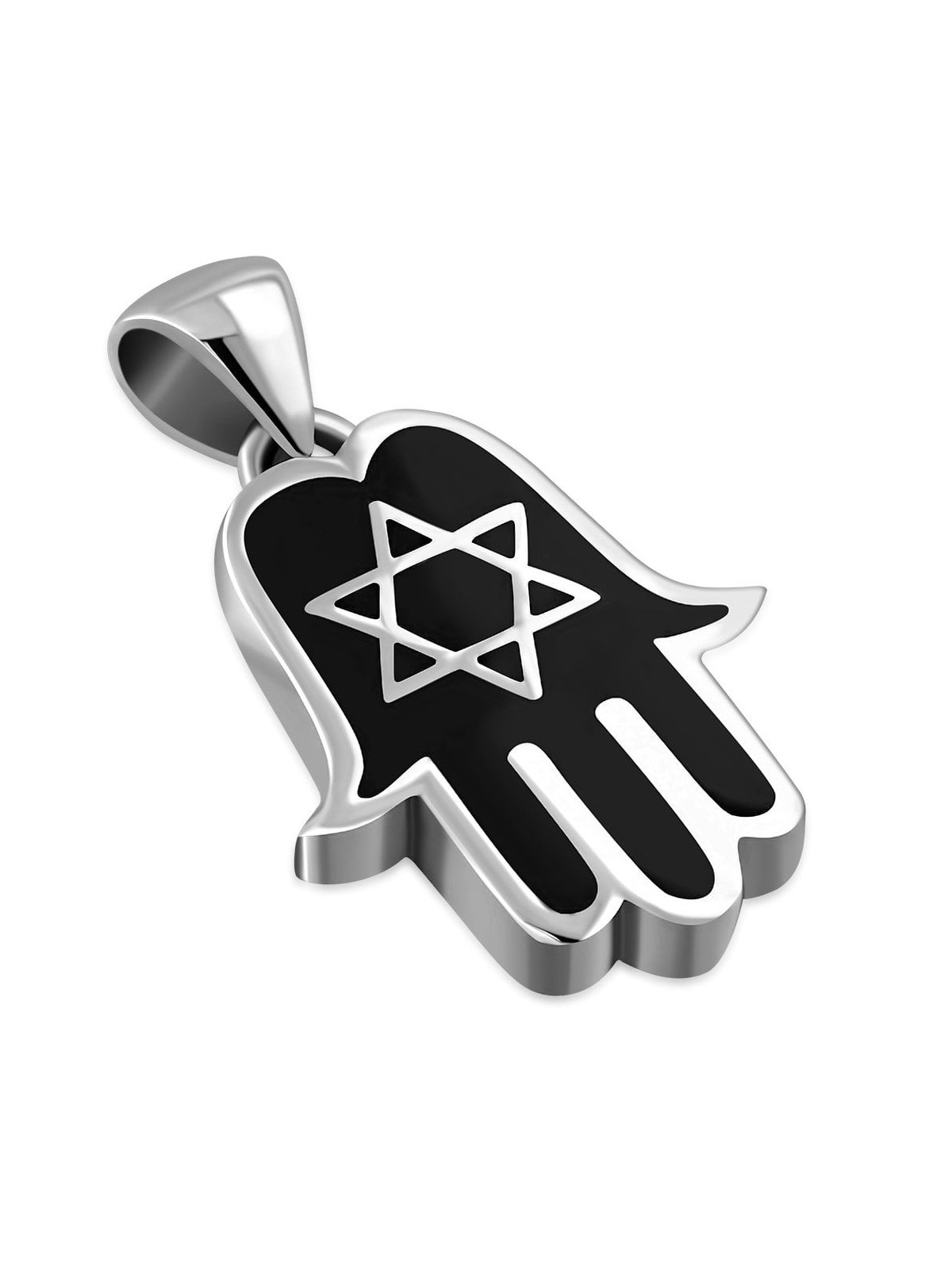 Silver Hamsa Necklace with Star of David and Black Onyx