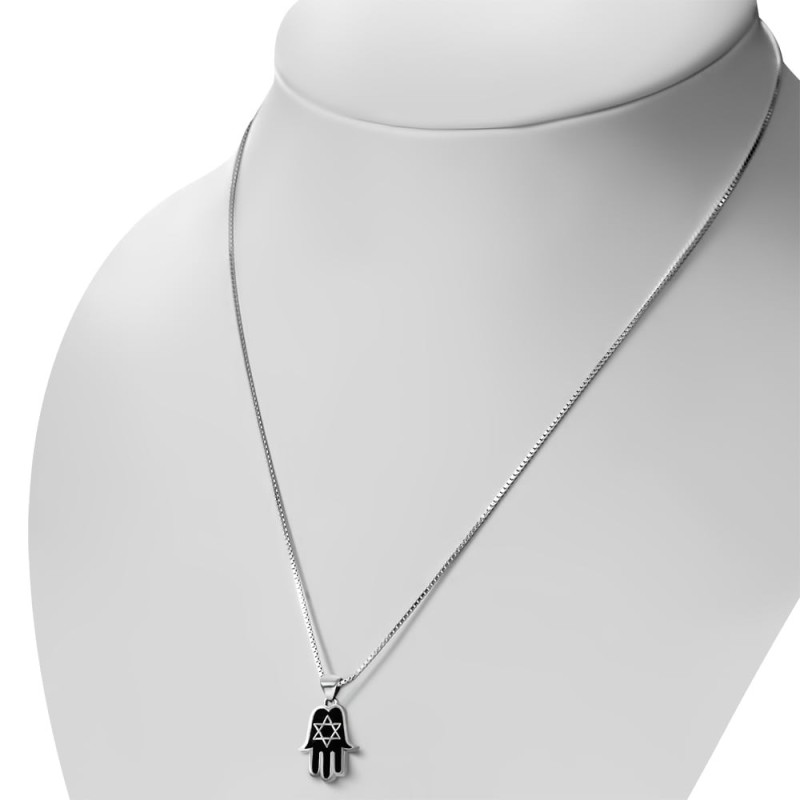 Collier Hamsa en argent avec étoile de David et onyx noir