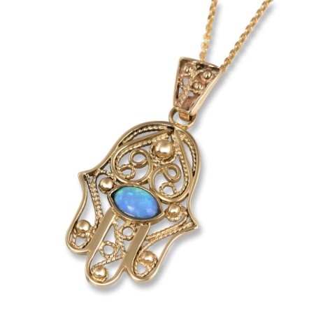 Collier pendentif Hamsa en filigrane en or 14 carats avec opale bleue