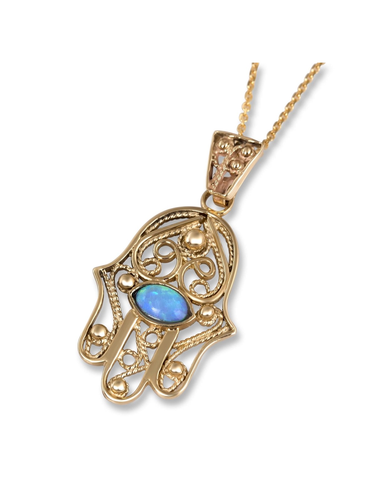 Collier pendentif Hamsa en filigrane en or 14 carats avec opale bleue