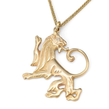 Pendentif Lion de Juda en or jaune 14 carats fabriqué à la main et rehaussé de diamants