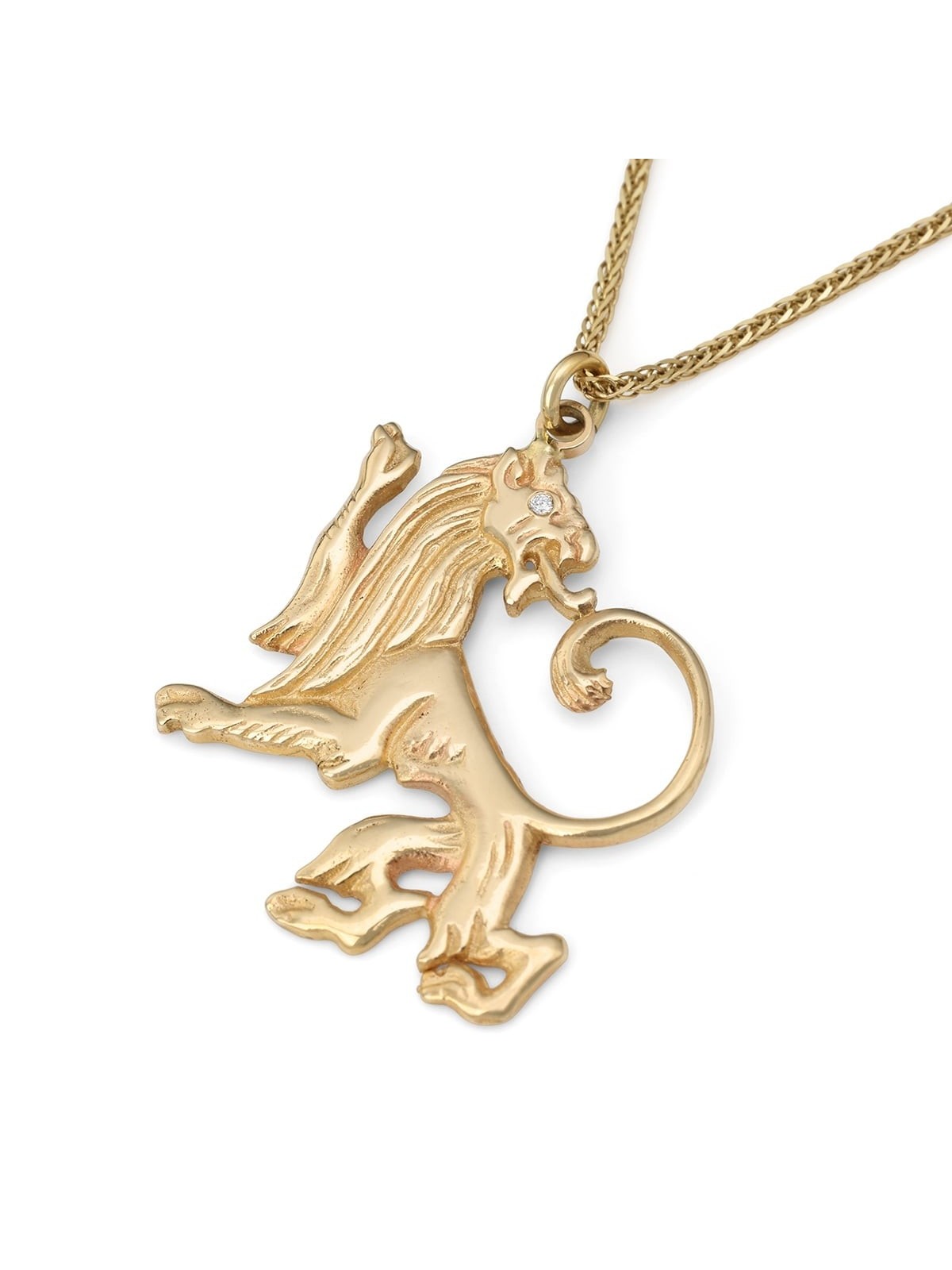 Pendentif Lion de Juda en or jaune 14 carats fabriqué à la main et rehaussé de diamants