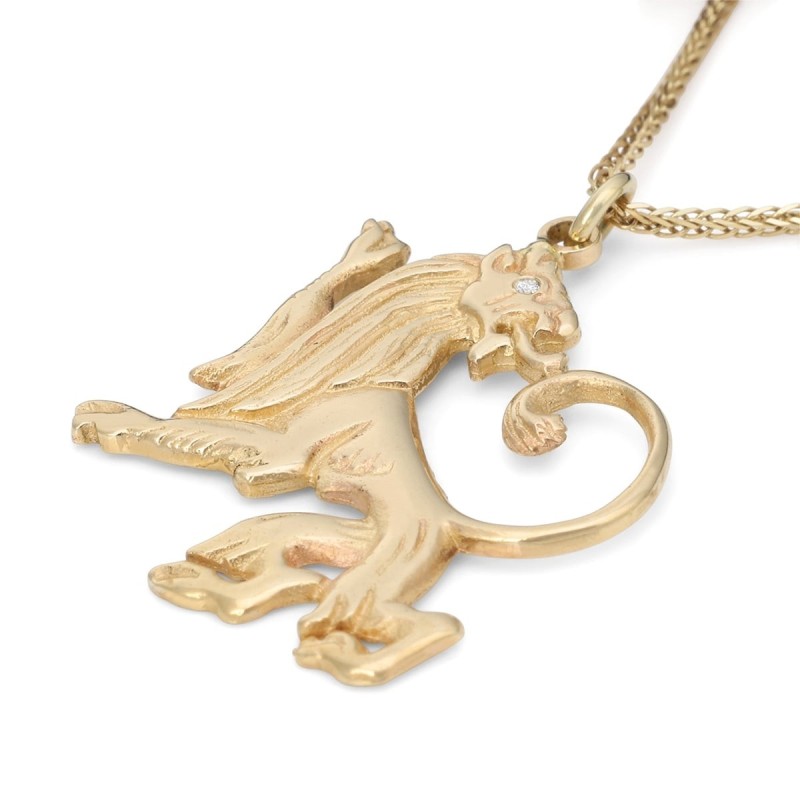 Pendentif Lion de Juda en or jaune 14 carats fabriqué à la main et rehaussé de diamants