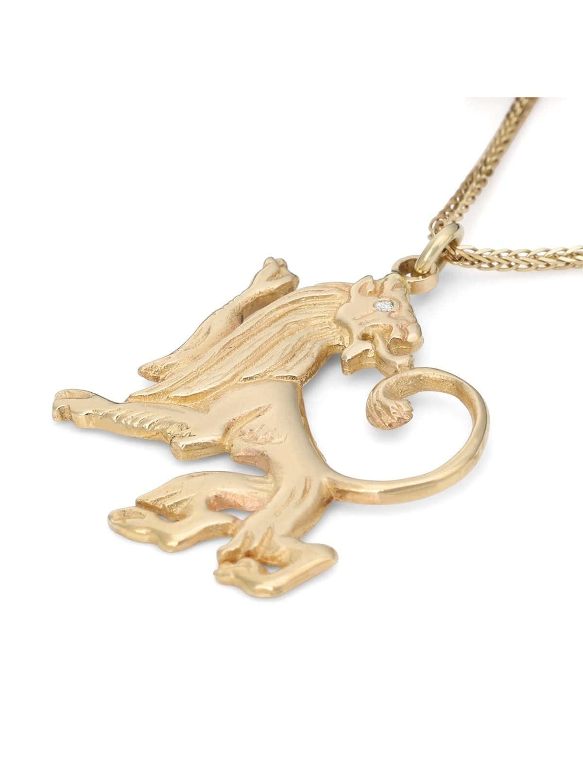 Pendentif Lion de Juda en or jaune 14 carats fabriqué à la main et rehaussé de diamants