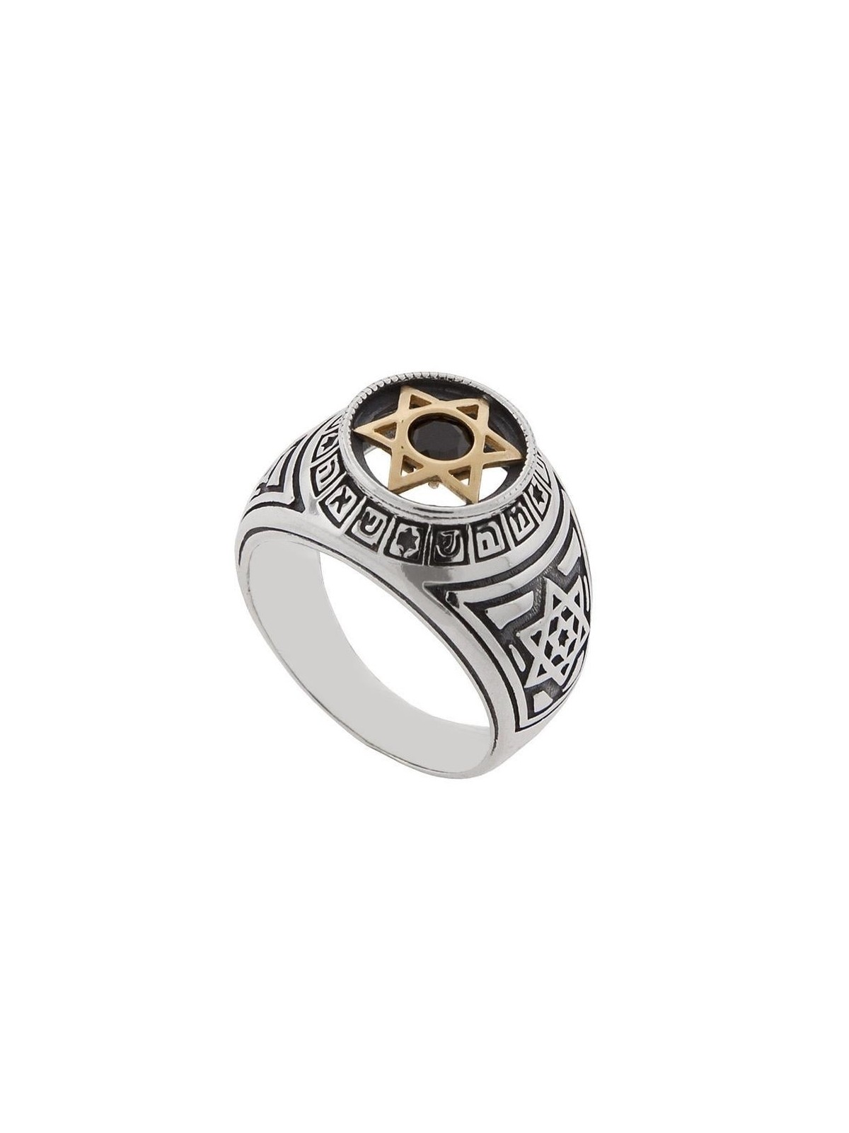 Noms sacrés : Chevalière étoile de David en argent et or avec onyx