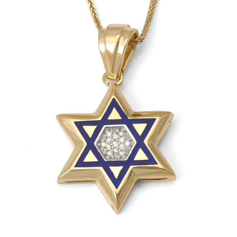 Pendentif Magen David en or jaune 14 carats avec émail bleu et diamants