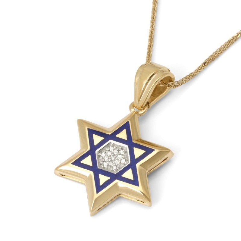 Pendentif Magen David en or jaune 14 carats avec émail bleu et diamants