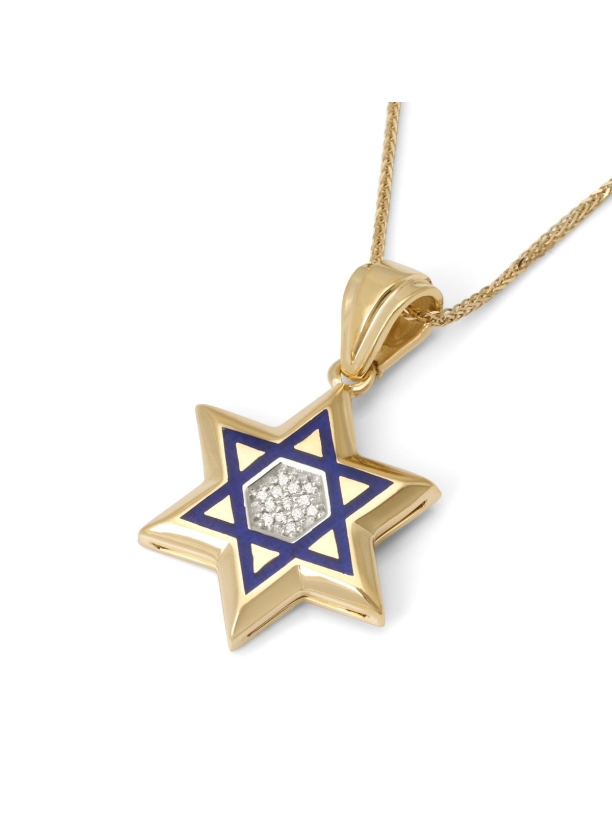 Pendentif Magen David en or jaune 14 carats avec émail bleu et diamants