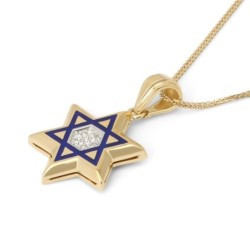 14K Yellow Gold Magen David Pendant with Blue Enamel and Diamonds