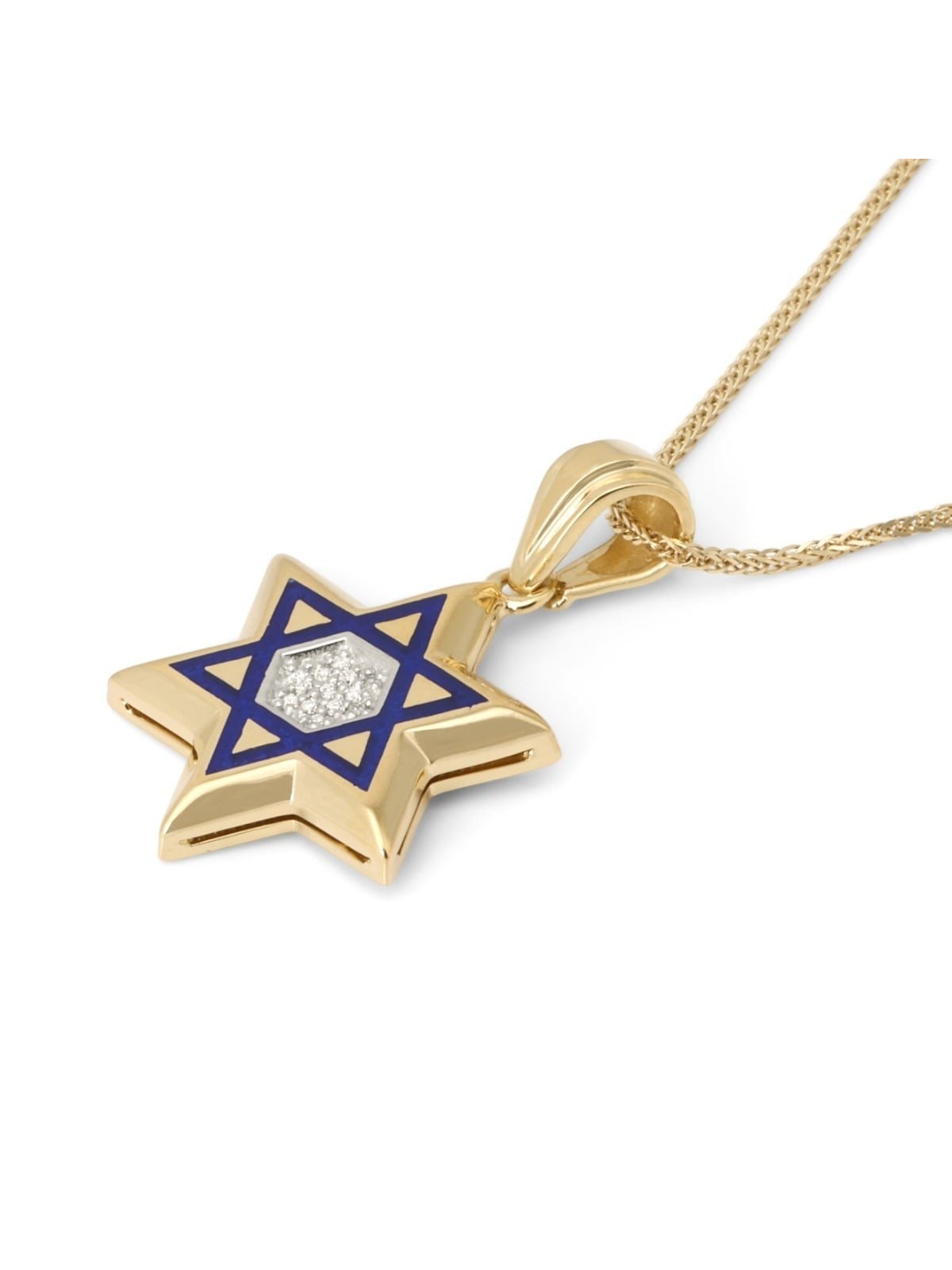 Pendentif Magen David en or jaune 14 carats avec émail bleu et diamants